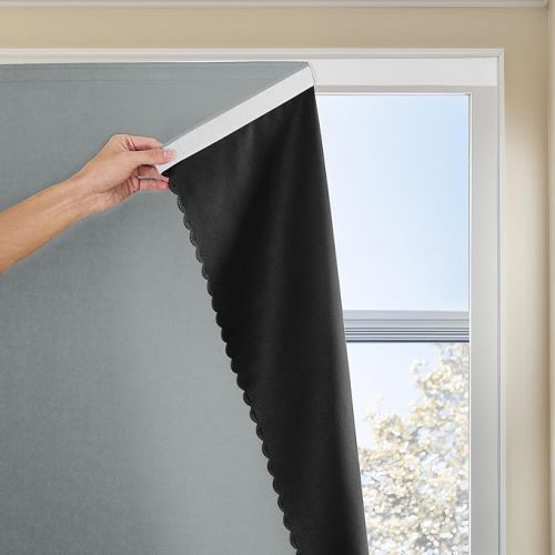 Magic Tape Stick on Portable Curtains for Windows,Bedroom Blackout Curtains for - Thermal Lnsulated No Drill Curtains Room Darkening Black Small Drapes(1 Panels,47Wx63L inch-Silver Gray)