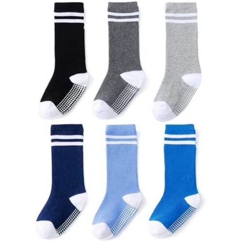 EPEIUS Knee High Socks with Non-Slip Grip,Toddler Athletic Stripe Team Tube Socks Kids Boys Girls 5-Pack