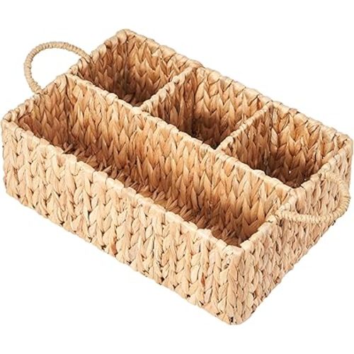 Wicker Basket Divided Storage with Handles - Natural Water Hyacinth Organizer for Diaper Essentials, Kitchen Utensils, Bathroom & Nursery Organization, 4 Compartments