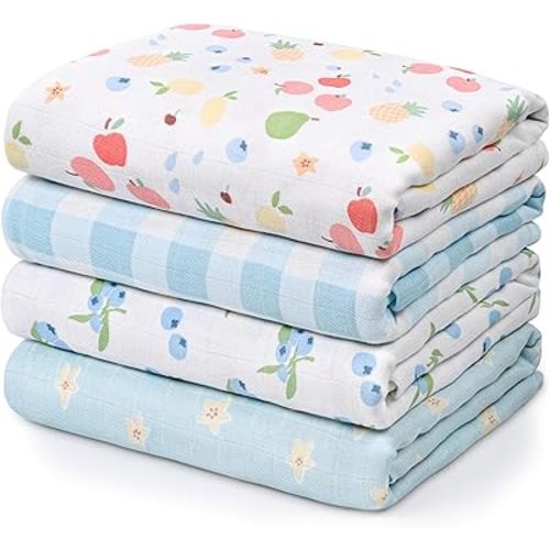 GLLQUEN BABY Muslin Swaddle Blankets 4-Pack Breathable Receiving Blankets (35" x 40") Soft Baby Blankets for Girls and Boys Newborn Essentials Muslin Swaddle Wrap Baby Gift(Azure Berry Dream)