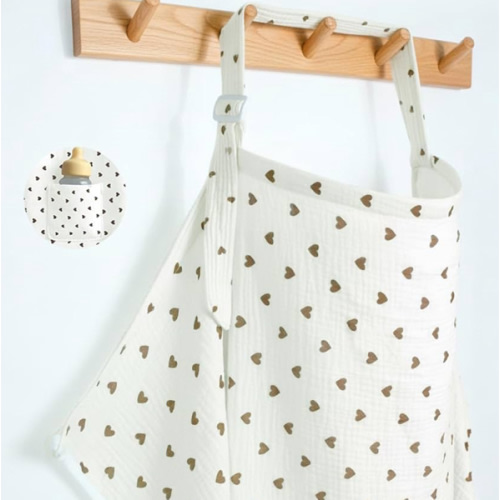 Muslin Nursing Covers for Breastfeeding, Arch Neckline Breast Feeding Covers for Women, Moms Privacy Breathable Summer Nursing Apron, 43.3" x 25.6" Soft Feeding Cover (Beige Sweet Khaki Heart)