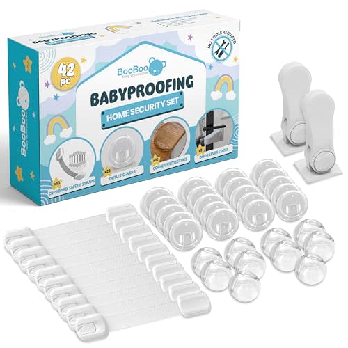 BooBoo Baby 42 Pack Premium Child Safety Baby Proofing Kit | For Your Home and Kitchen with 10 Cabinet Drawer Locks, 10 Corner Guards, 20 Outlet Covers and 2 Door Lever Lock