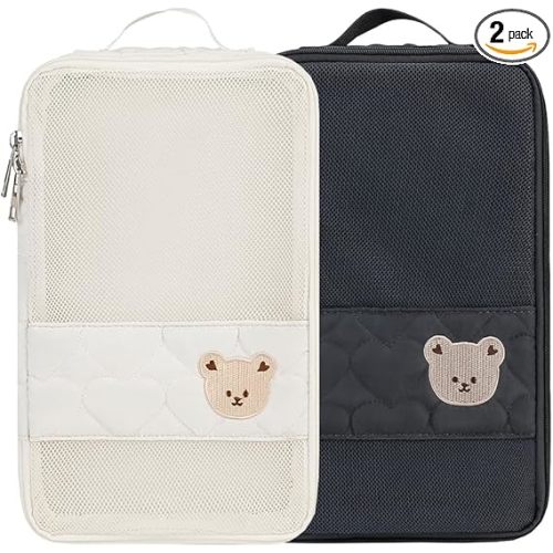MOMIGO Baby Diaper Bag Organizer Pouches - 2 Pack Waterproof Pod Hanging Diaper Bag Cute Bear Mesh Bag Reusable, Washable or Baby Cloth Diapers