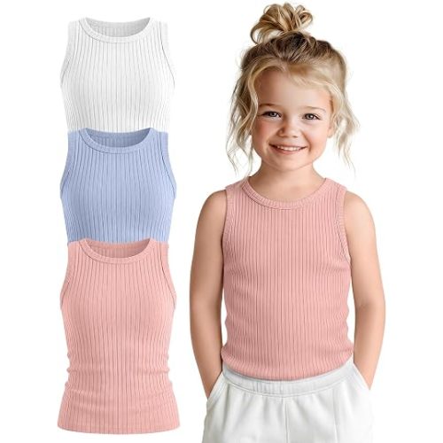 3 Pack Toddler Girls' Ribbed Tank Tops | Sleeveless, Cotton Undershirts, Crew Neck Tops, Basic Camisole, Ribbed, Layering, for Kids 18M-5T