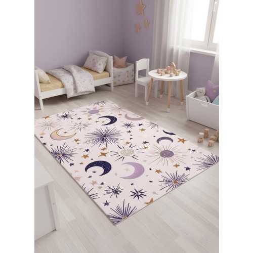 Cute Celestial Rug, Kids Room Area Rug | Pastel Nursery Decor, Pink Purple | Moon and Stars Carpet, Non-Slip Floor Mat