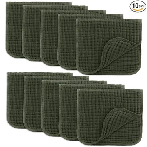 Comfy Cubs Muslin Burp Cloths 20" x 10", Pack of 10 - Large, 6-Layer, Ultra Absorbent 100% Cotton for Baby Drool and Messes - Soft, Safe & Gentle Baby Burp Cloths for Boys & Girls - Kelp