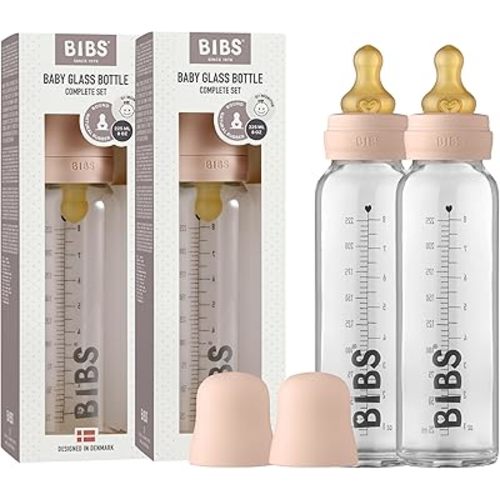Bibs Baby Glass Bottle | Anti-Colic Borosilicate Glass Bottles | Natural Vented Round Natural Rubber Latex Nipple | Consistent Flow Rate | 7.6 oz/225 ml | 2 Pack | Blush