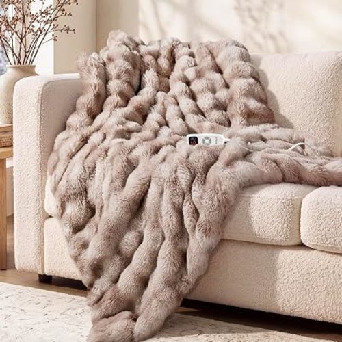 Electric Heated Blanket for Girls & Women, Soft & Luxurious,Faux Fur Heating Throw Blankets, 6 Heat Settings, Overheat Protection, Quick Heating, Giftable, 50"x60",Tie-dye Light Taupe