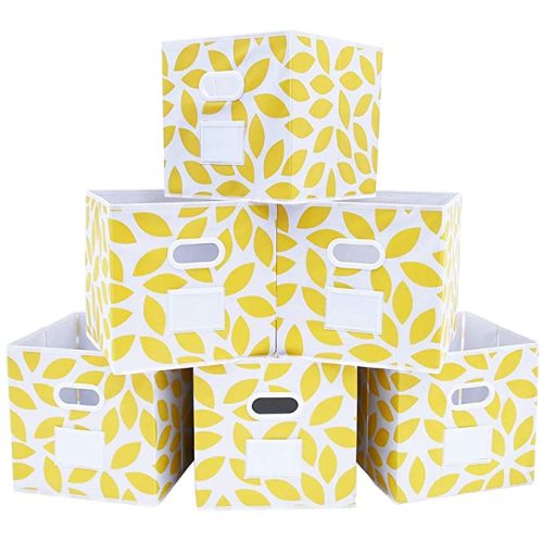 Fabric Storage Bins Cubes Baskets Containers with Dual Plastic Handles for Home Closet Bedroom Drawers Organizers, Flodable, Set of 6 (Yellow)