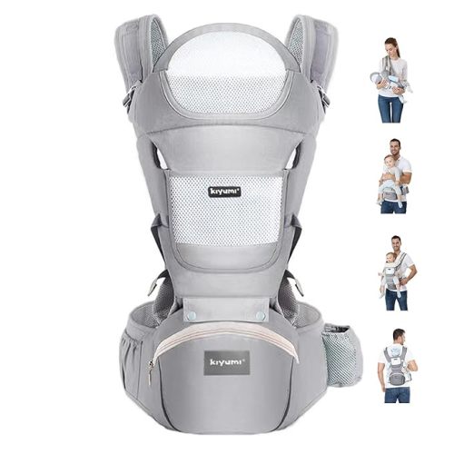 KIYUMI Baby Carrier with Hip Seat, 6- in-1 Baby Carrier Newborn to Toddler, Ergonomic M Position, Head Support and Breathable Mesh,Adjustable Removable Baby Sling Carrier (7-45 lbs), Grey