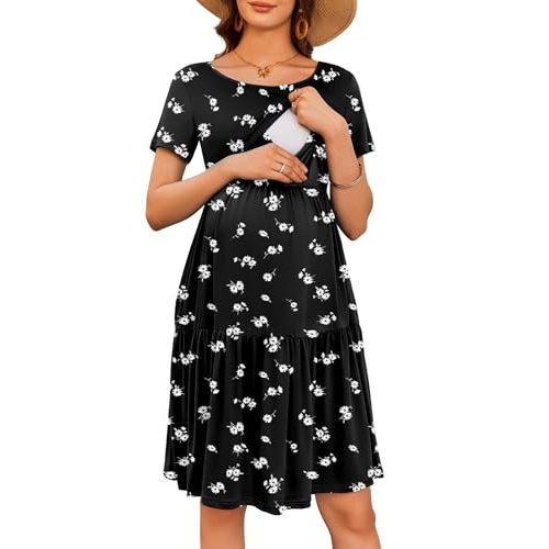 Ekouaer Nursing Dress Summer Short Sleeve Breastfeeding Casual Knee Length Maternity Dresses S-XXL