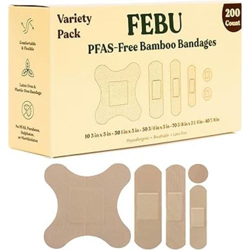FEBU Eco-Friendly Bamboo Fabric Bandages | PFAS Free Bandages for Scrapes & Cuts | Flexible Fabric Bandage | Fully Compostable, Latex Free Bandage | 200 Count Bulk Variety