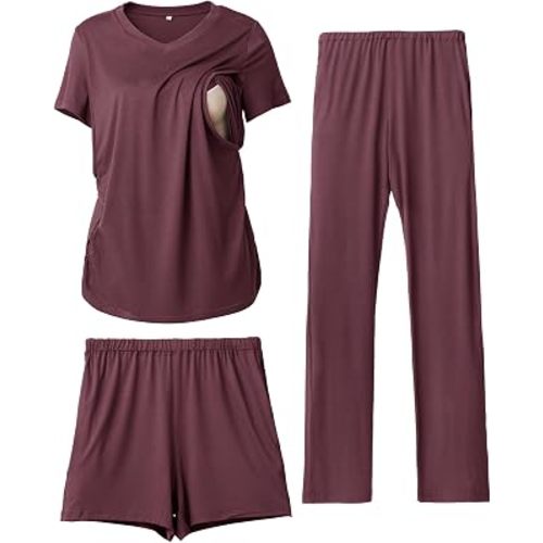 Rnxrbb 3 Piece Maternity Nursing Pajamas Set for Women Postpartum Pjs