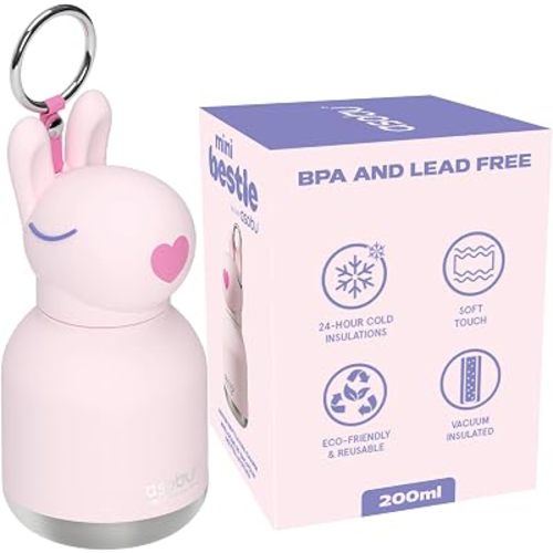 Mini Bestie Water Bottle Cute Collectible Character Bottle for All Ages Leakproof Stainless Steel, 6.7oz, BPA-Free with Strap & Clip Insulated Bottle for Travel, Work & Gifting.