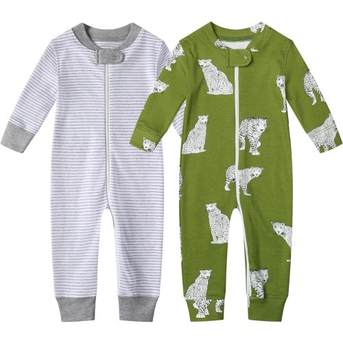 Owlivia Organic Cotton Baby Boy Girl Zip up Sleep N Play, Footless, Long Sleeve(3-6 Months, Green Cheetah & Stripes)