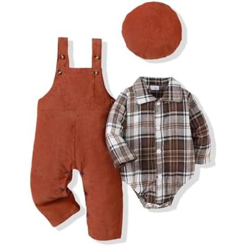 Renotemy Baby Boy Clothes Flannel Plaid Bodysuit+Corduroy Overalls+Beret Hat 3Pcs Fall Winter Outfits for 3-24 Months Boys