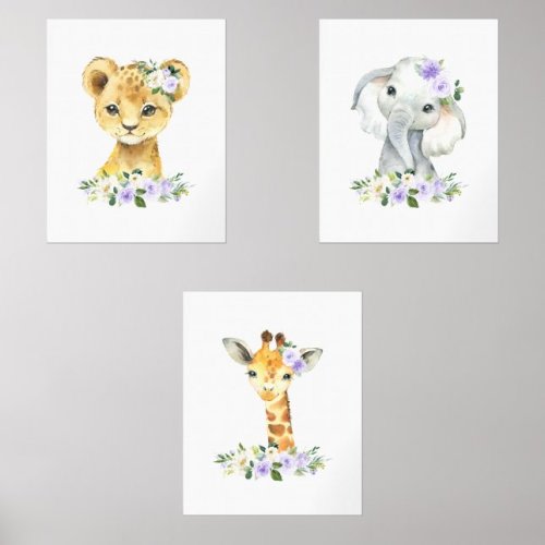 Jungle Animals, Purple Flowers, Gender Neutral Wall Art Sets | Zazzle