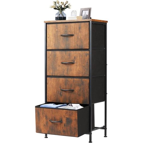 DUMOS Nightstand with 4 Drawers Bedside Table with Removable Fabric Bins Sturdy Steel Frame Wood Top Organizer Furniture for Bedroom Closet Living Room