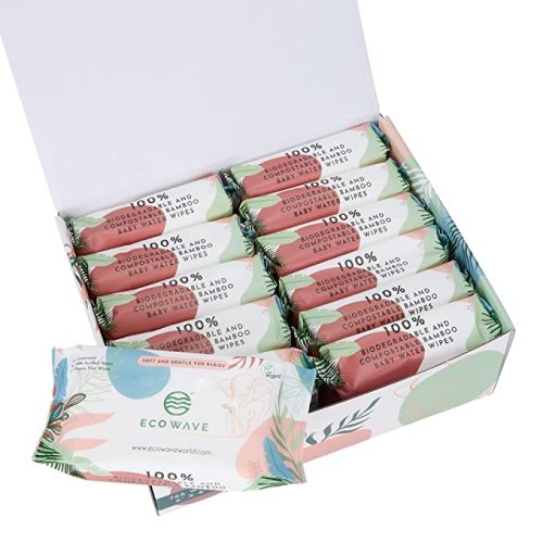 ECO WAVE Baby Wipes, 100% Biodegradable & Compostable Baby Bamboo Water Wipes, Fragrance-Free, Hypoallergenic, Vegan, For Sensitive Skin, Alcohol, Paraben, Chemical + Sulphate Free, 768 Wipes