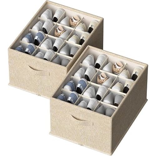 2 Pack Shoe Organizer for Closet,Foldable Shoe Organizer,Fits up to 24 Pairs,Storage Containers With Bottom Support for Shoes