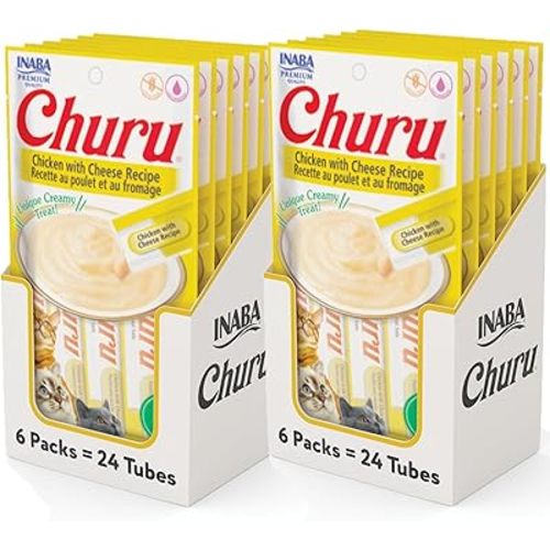 INABA Churu Cat Treats, Grain-Free, Lickable, Squeezable Creamy Purée Cat Treat/Topper with Vitamin E & Taurine, 0.5 Ounces Each Tube, 48 Tubes (4 per Pack), Chicken with Cheese Recipe