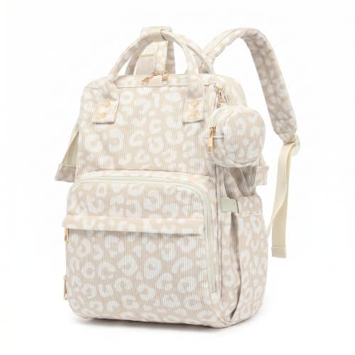 Baby Diaper Bag Backpacks for Mom Dad, Corduroy Large Capacity Multifunction Nappy Bag with Pacifier Case, Baby Travel Essentials Diaper Backpack for Boys Girls - Leopard Khaki