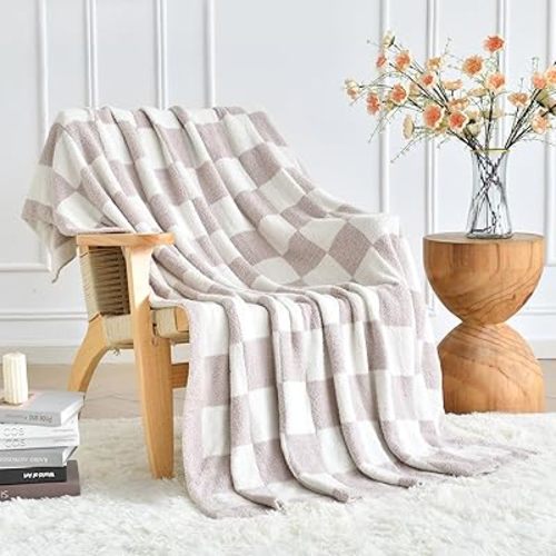 Checkered Throw Blanket for Couch Bed, Beige White, Throw 50"x60"