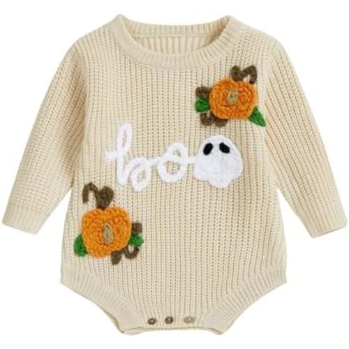 Adobabirl Baby Girl Boy Halloween Outfit Pumpkin Ghost Embroidered Sweater Knit Bubble Romper Cute Fall Winter Clothes