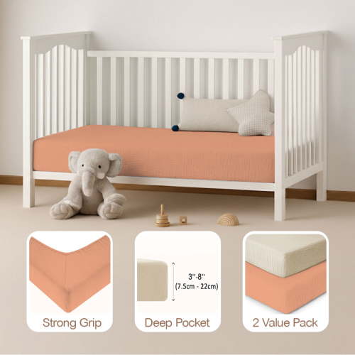 Mère & Moi: Muslin Fitted Crib Sheets: 2 Pack - Sand & Peach - 28x52", 100% Cotton, OEKO-TEX, Ultra-Soft & Breathable, Baby & Toddler Mattress Bedding