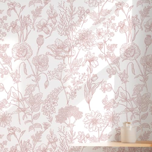 Toduso Peel and Stick Wallpaper Pink Floral Wall Paper Pink and White Contact Paper Removable Waterproof Flowers Wallpaper for Bedroom Bathroom Cabinets Vinyl 17.3" x 78.7"