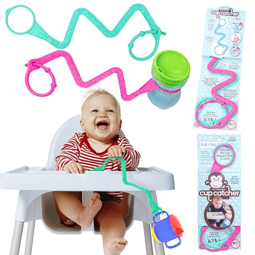 Brilli Baby Cup Catcher Patented Safety Tether Strap, Attach Sippy Cups, Bottles, Pacifiers & More to Stroller, High Chair, Car Seat, Made in USA, Food Grade, Dishwasher Safe (Aqua & Pink)