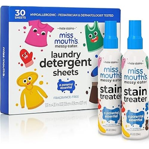Miss Mouth's Messy Eater Stain Treater Spray - 4oz 2 Pack Stain Remover and Laundry Detergent Sheets