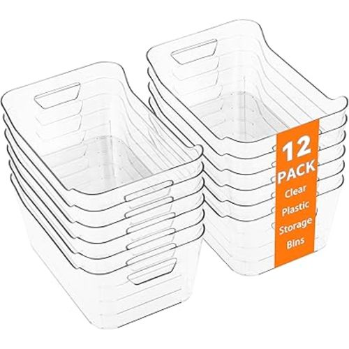 12 Pack Clear Plastic Storage Bins, Pantry Organizers and Storage, Clear Pantry Organizer Bins, Plastic Containers with Handle for Kitchen,Freezer,Cabinet,Closet,Bathroom Under Sink Storage