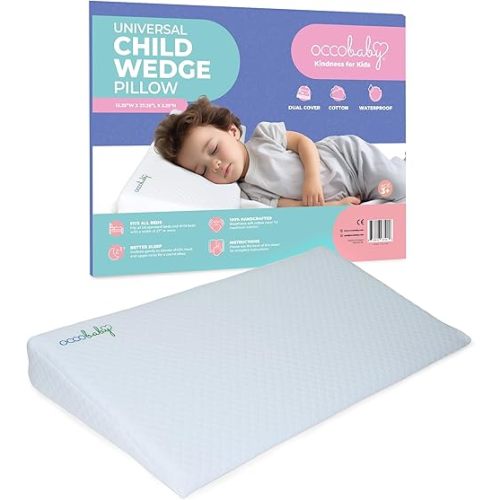 OCCObaby Child Pillow Wedge with Waterproof Cover, Organic Cotton Pillowcase, Neck Support, Congestion and Coughing Support, Kid Pillow for Travel, Daycare Naptime