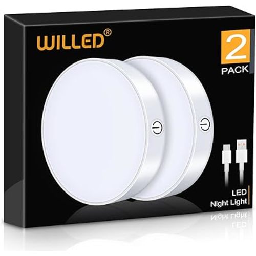 WILLED Dimmable Touch Light Buit-in 1000mAh Large Battery Rechargeable LED Tap Lights | Magnet Stick on Closet Portable Puck Night for Cabinet, Wardrobe, Counter, Kitchen, Bedroom(2 Pack)