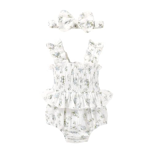 YOUNGER TREE Baby girl Romper Infant Summer Clothes Ruffle Sleeveless One Piece Bodysuit with Bow Headband Newborn Jumpsuit