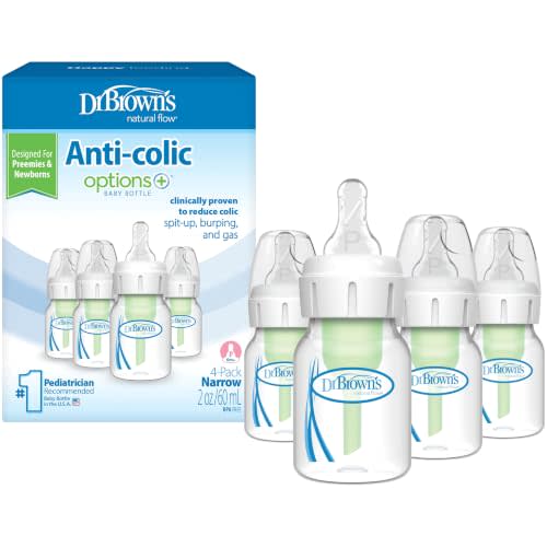 Dr. Brown's Anti-Colic Options+ Narrow Baby Bottle, Clear, 2 oz, 4-Pack | Clinically Proven to Reduce Colic, Pack of 4 Baby Bottles with Preemie Flow Nipples, 0m+, BPA-free