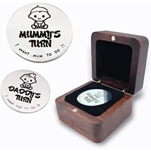 New Baby Gifts for New Parents Mom Daddy Funny Double-Sided Silver Decision Coin with Handmade Wooden Box Pregnant Gifts for First Time Moms Keepsake for Baby Memory