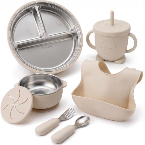 Stainless Steel & Silicone Toddler Feeding Set, 7 Piece Kids Dinnerware with Divided Plate, Bowl, Training Cup with Straw, Bib, Fork and Spoon, BPA‑Free, Food‑Grade for Children (Color Beige)