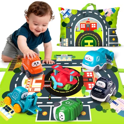 6PCS Big Truck Toy Set with Playmat | With Storage Bag, ABS Plastic, No Small Parts, Rounded Edges, for Ages 1 Year Old Boy and Girl, First Birthday Gift