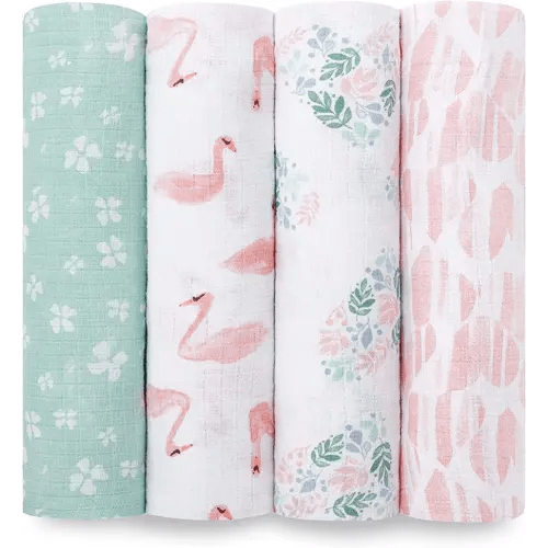 aden + anais Essentials Muslin Swaddle Blankets for Baby Girls and Boys, Newborn Receiving Blanket for Swaddling, 100% Cotton Baby Swaddle Wrap, 4 Pack, Floral, Briar Rose