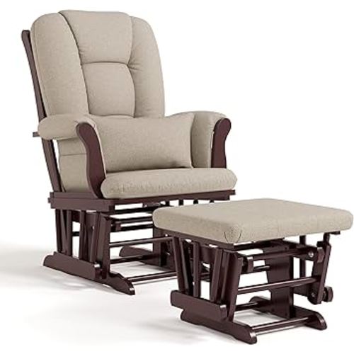 Storkcraft Tuscany Custom Glider and Ottoman with Free Lumbar Pillow (Espresso/Taupe Swirl) - Cleanable Upholstered Comfort Rocking Nursery Chair with Ottoman
