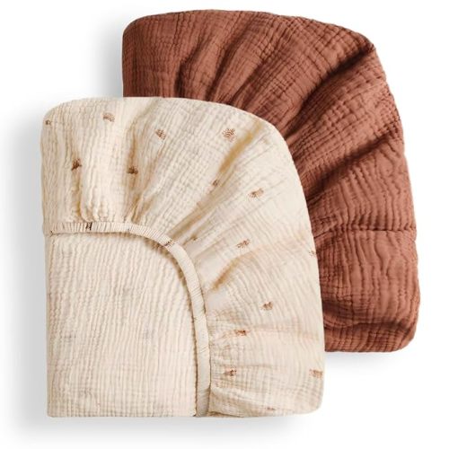 Blissful Diary Muslin Crib Sheets for Girl Boy, Boho Neutral Soft Cotton Baby Sheet for 52''x28'' Standard Crib Mattress, 2 Pack(Sunshine&Brown)