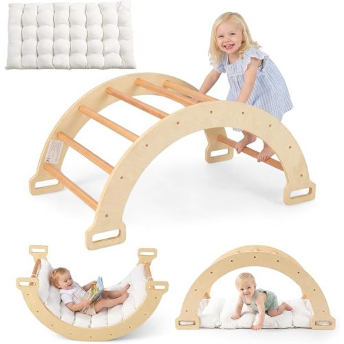 ]Wooden Arch Climber Rocker with Soft Cushion, 4 in 1 Montessori Climbing Ladder Toys for Toddlers, Waldorf Indoor Baby Children Ladder Gym Learning Playset Gift for Kids Boys Girls