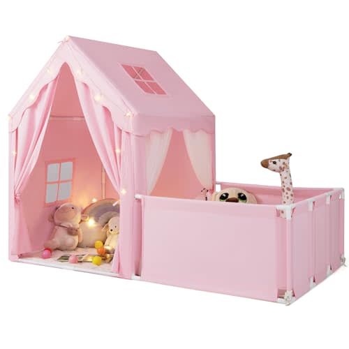 Costzon 2 in 1 Kids Play Tent, Indoor Large Toddler Pretend Playhouse w/Playpen, Door Curtains, Viewing Windows, Star Lights & Washable Cotton Mat, Teepee Tent for Kids Aged 3+ Years Old (Pink)