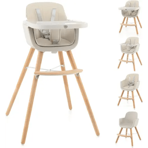 BABY JOY Convertible Baby High Chair, 3 in 1 Wooden Highchair/Booster/Chair with Removable Tray, Adjustable Legs, 5-Point Harness, PU Cushion and Footrest for Baby, Infants, Toddlers (Beige)