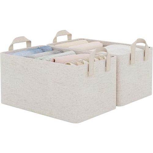 StorageWorks Storage Bins, Shelves Baskets for Organizing, Fabric Closet Organizers with Handles, Metal Frame, Beige-Cotton-linen, 2-Pack