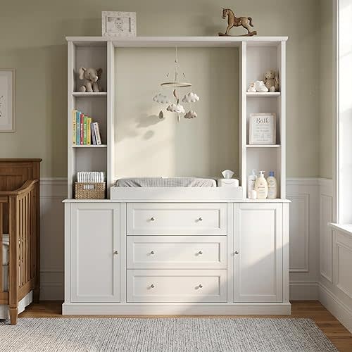 WOODTIME 78.7" Tall Changing Table Dresser with Drawers, Open Shelves and Doors, Multi-Functional Baby Nursery Dresser with Changing Table Top, Versatile Storage Cabinet for Nursery, White