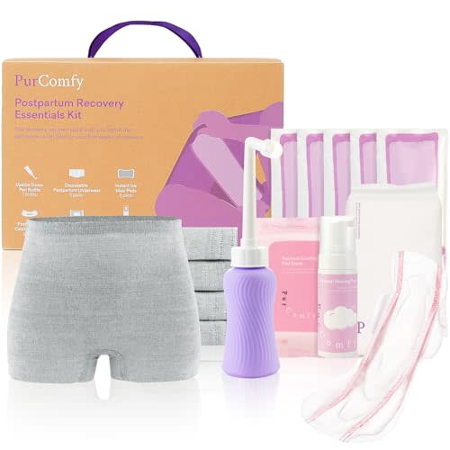 PurComfy Postpartum Essentials Recovery Kit, Includes Disposable Underwear, Perineal Healing Pad Liners, Perineal Healing Foam, Instant Ice Pads, Upside Down Peri Bottle and Postpartum Pads - 18 Pcs