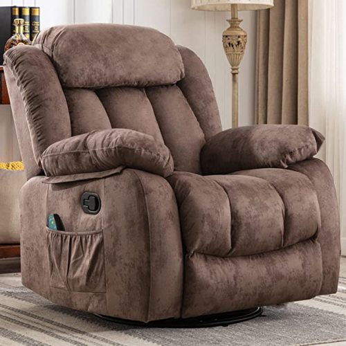 Massage Rocker Recliner with Heat and Vibration, 360 Degree Swivel Manual Antiskid Fabric Single Sofa Heavy Duty Reclining Chair for Living Room, Dark Brown